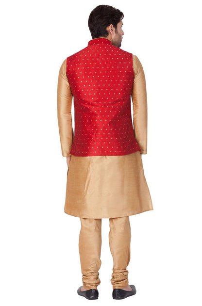Men's Gold Silk Blend Straight Jacket  Kurta and Pyjama Set