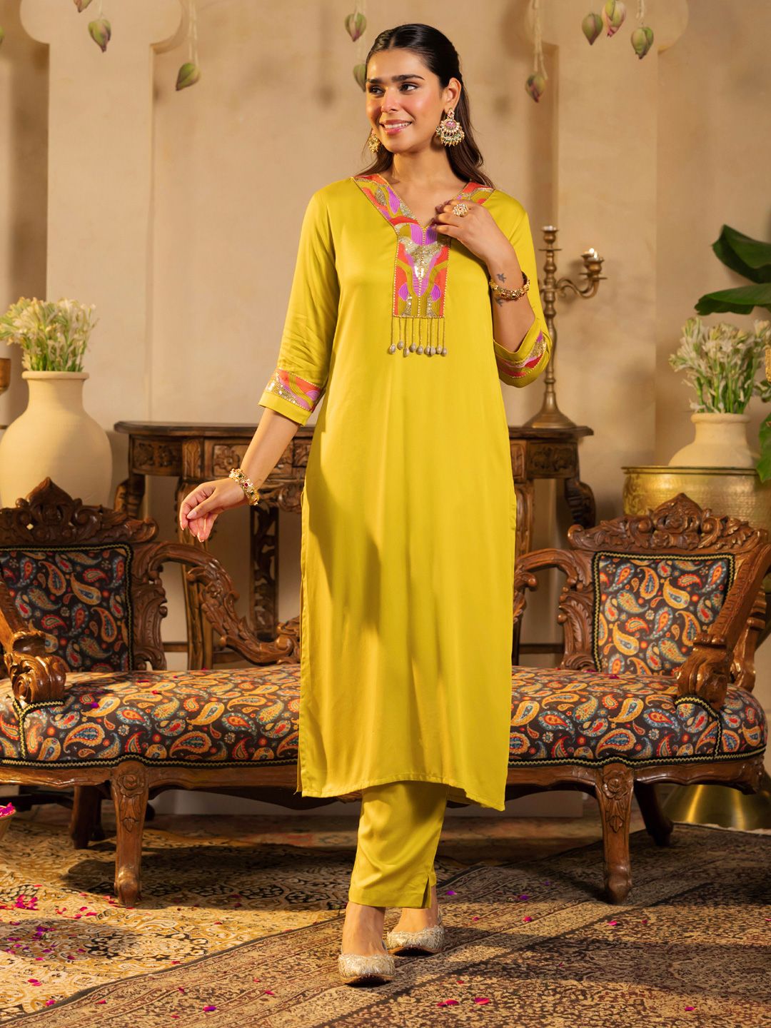 Women Ethnic Motifs Embroidered Regular Beads and Stones Straight Kurta Set