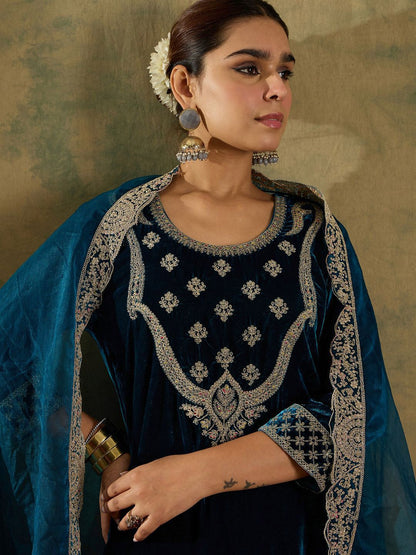 Dhiyona IE Floral Zari Embroidered Velvet Straight Kurta with Trouser & Dupatta