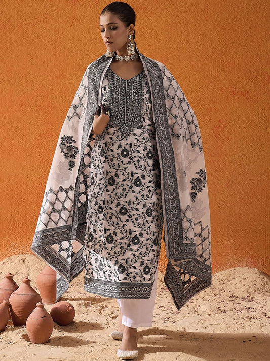 Dhiyona IE White Ethnic Motifs Woven Design Straight Kurta with Trousers & Dupatta