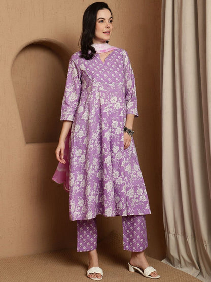 Dhiyona SN Women's Floral Printed Notch Neck Pure Cotton Anarkali Kurta & Trousers With Dupatta