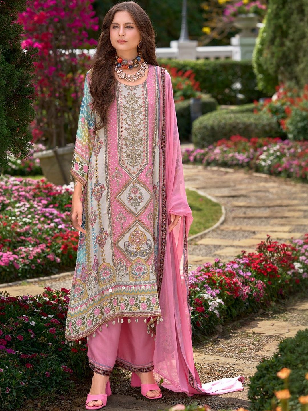 Ethnic Motifs Printed Mirror Work Liva Kurta With Trouser & Dupatta