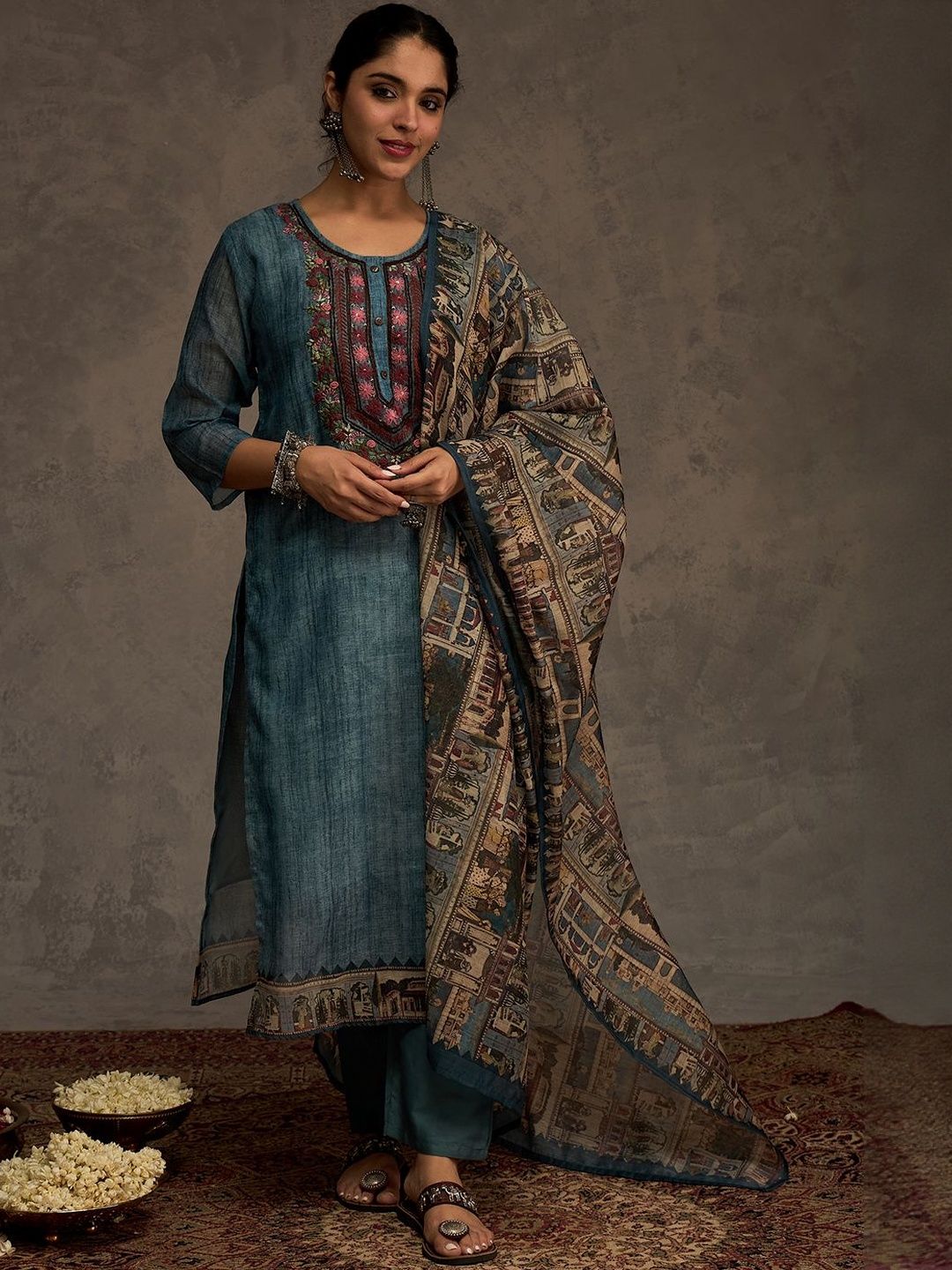 Ethnic Motifs Embroidered Chanderi Cotton Kurta & Trousers With Dupatta