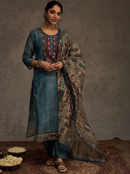 Ethnic Motifs Embroidered Chanderi Cotton Kurta & Trousers With Dupatta