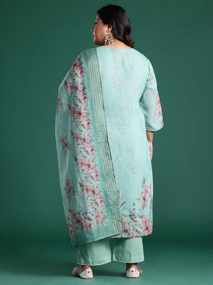 Plus Size Floral Print Regular Thread Work Kurta with Palazzos & Dupatta