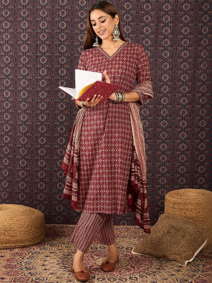 Women Ethnic Motifs Printed Regular Pure Cotton Kurta Trousers With Dupatta