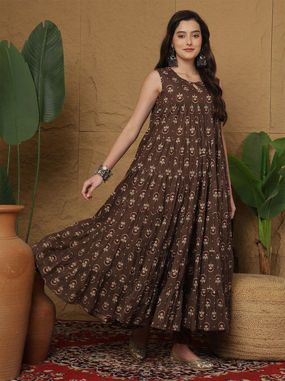 Dhiyona SN Women's Ethnic Motifs Printed Cotton Anarkali Kurta with Trousers & Dupatta