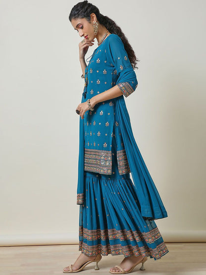 Dhiyona SO Women's Women Ethnic Motifs Embroidered Regular Thread Work Kurta with Sharara & With Dupatta