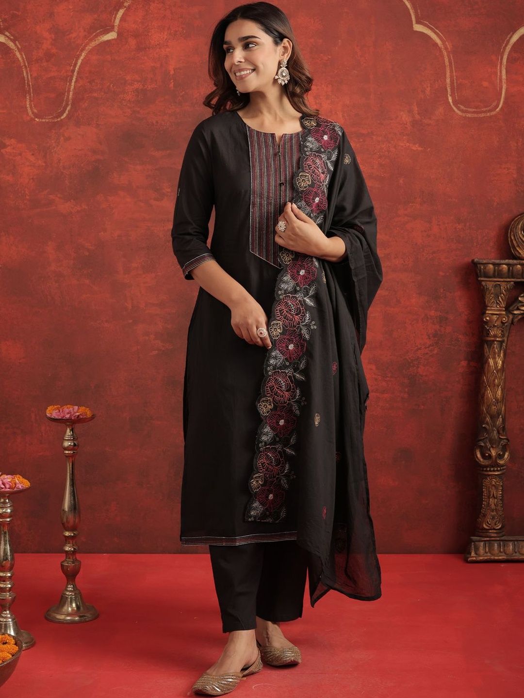 Women Floral Embroidered Cotton Kurta with Trousers & Dupatta