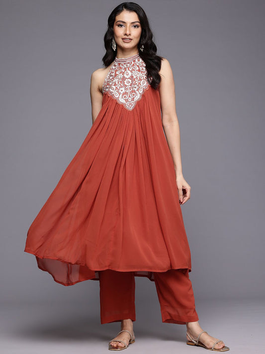 Dhiyona VA Women'sFloral Yoke Design Thread Work Pleated Silk Georgette A-Line Kurta with Trousers