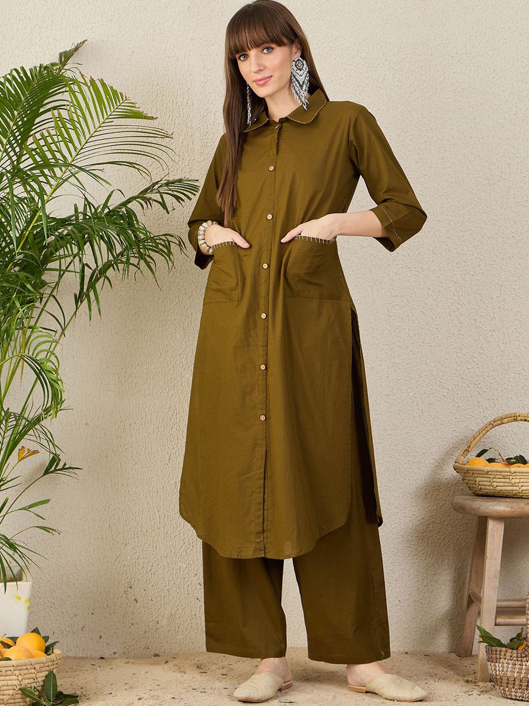 Dhiyona IE Pure Cotton Shirt Collar Neck Tunic With Trousers Co-Ords