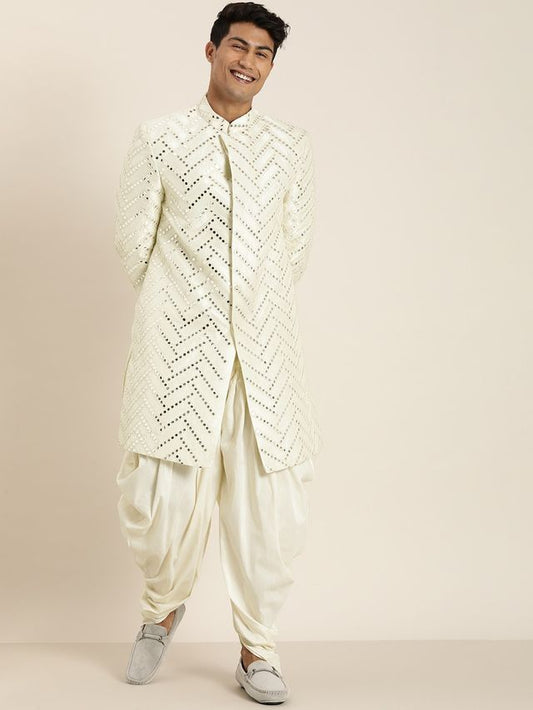 Men's Cream Silk Blend Straight Sherwani Set
