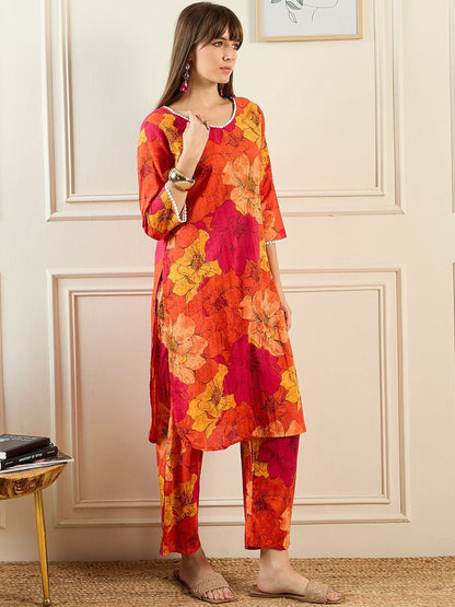 Floral Printed V-Neck Pure Cotton Straight Kurta With Trousers