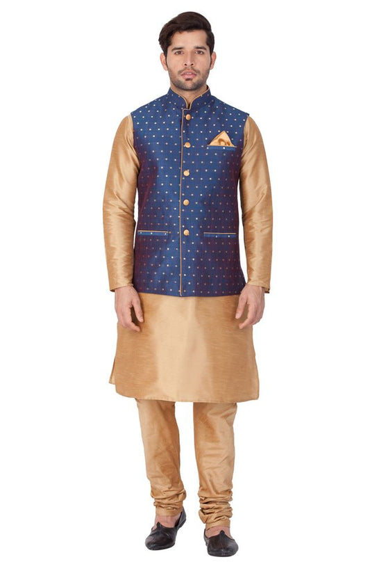 Men's Gold Silk Blend Straight Jacket  Kurta and Pyjama Set