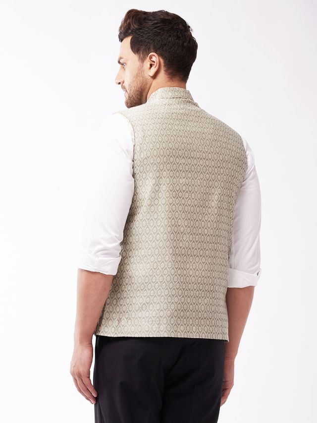 Men's Beige Silk Blend Straight Nehru Jacket