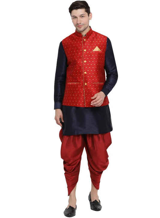 Men's Dark Blue Silk Blend Straight Jacket  Kurta and Dhoti Set