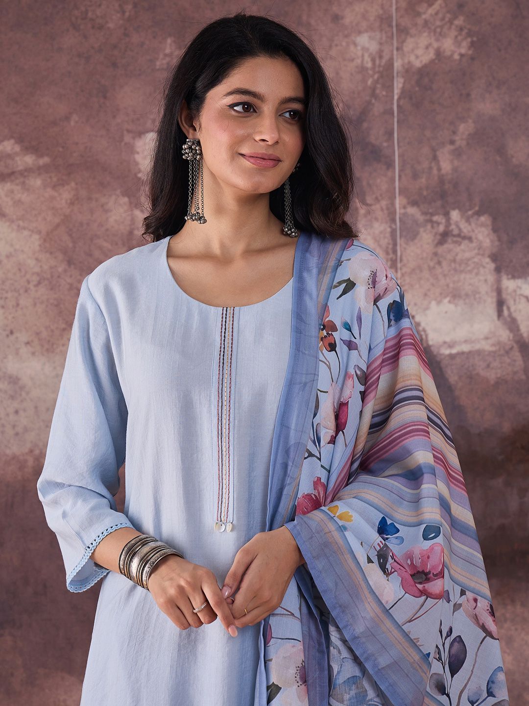 Self Design Regular Thread Work Kurta With Trousers & Dupatta