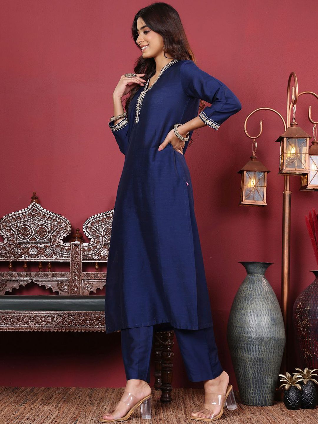 Dhiyona VA Women's Floral Zari Embroidered Neck Kurta with Trousers and Woven Brocade Dupatta