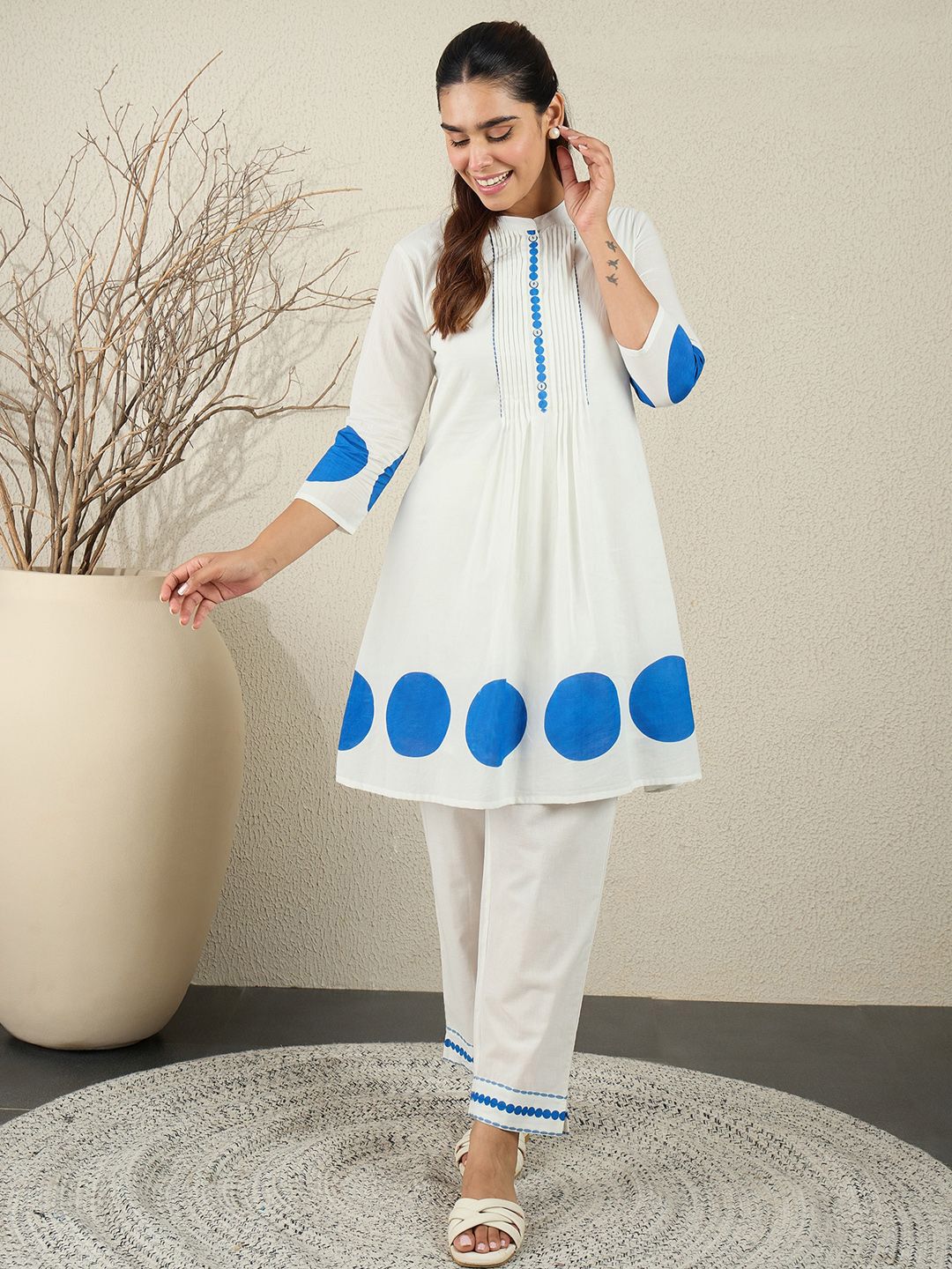 Dhiyona IE Printed Pure Cotton Mandarin Collar Neck Top With Trousers Co-Ords