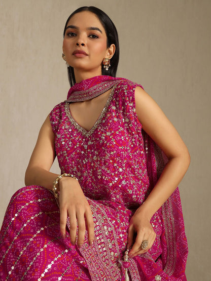 Dhiyona SO Women's Women Bandhani Embroidered Kurta with Sharara & Dupatta