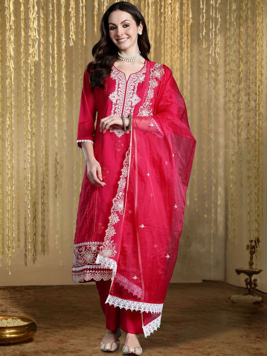 Women Ethnic Motifs Embroidered Regular Thread Work Kurta with Trousers & With Dupatta