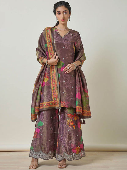 Dhiyona SO Women's Floral Printed V Neck Sequinned Tissue A Line Kurti with Palazzos & Dupatta