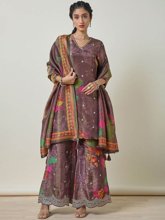 Dhiyona SO Women's Floral Printed V Neck Sequinned Tissue A Line Kurti with Palazzos & Dupatta