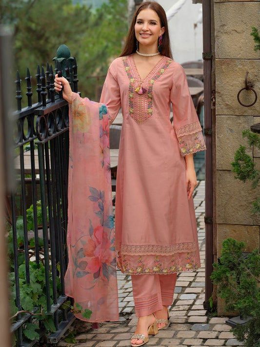 Women Floral Embroidered Regular Thread Work Kurta with Trousers & With Dupatta