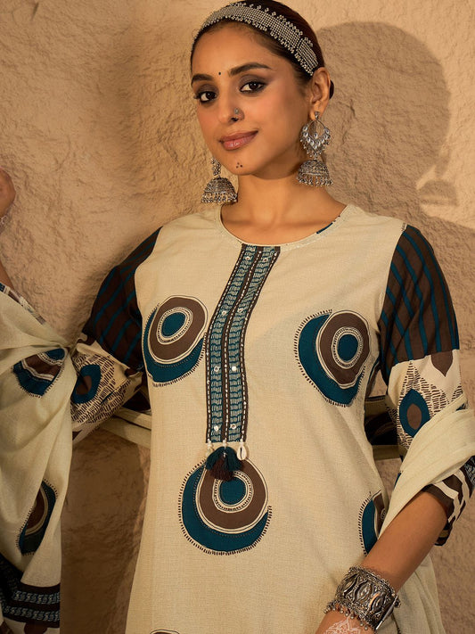 Dhiyona IE Women's Women Abstract Printed Cotton Kurta with Trousers & Dupatta