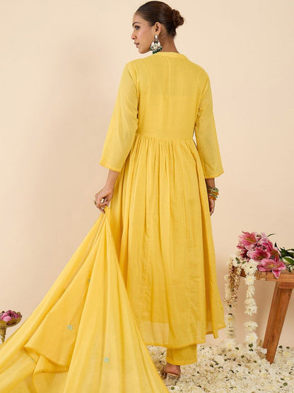 Women Floral Embroidered Panelled Thread Work Pure Cotton Kurta with Trousers & With Dupatta