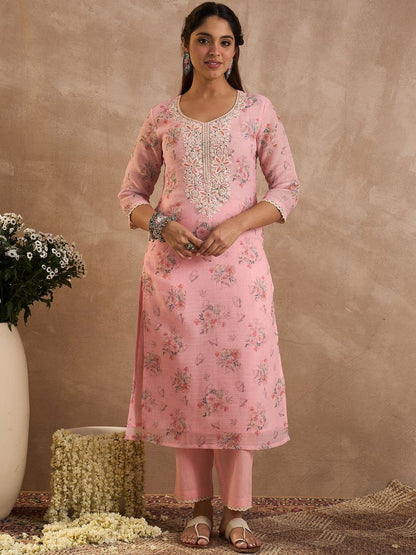 Women Floral Printed Linen Kurta with Trousers & Dupatta