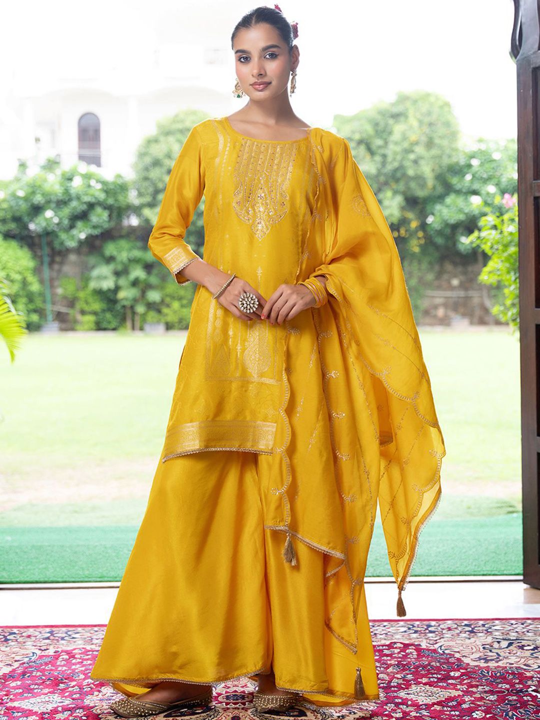 Dhiyona CH Women Ethnic Motifs Embroidered Regular Thread Work Kurta with Palazzos & Dupatta