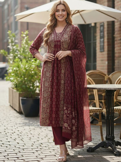 Dhiyona KL Women Ethnic Motifs Printed Regular Kurta with Trousers & With Dupatta