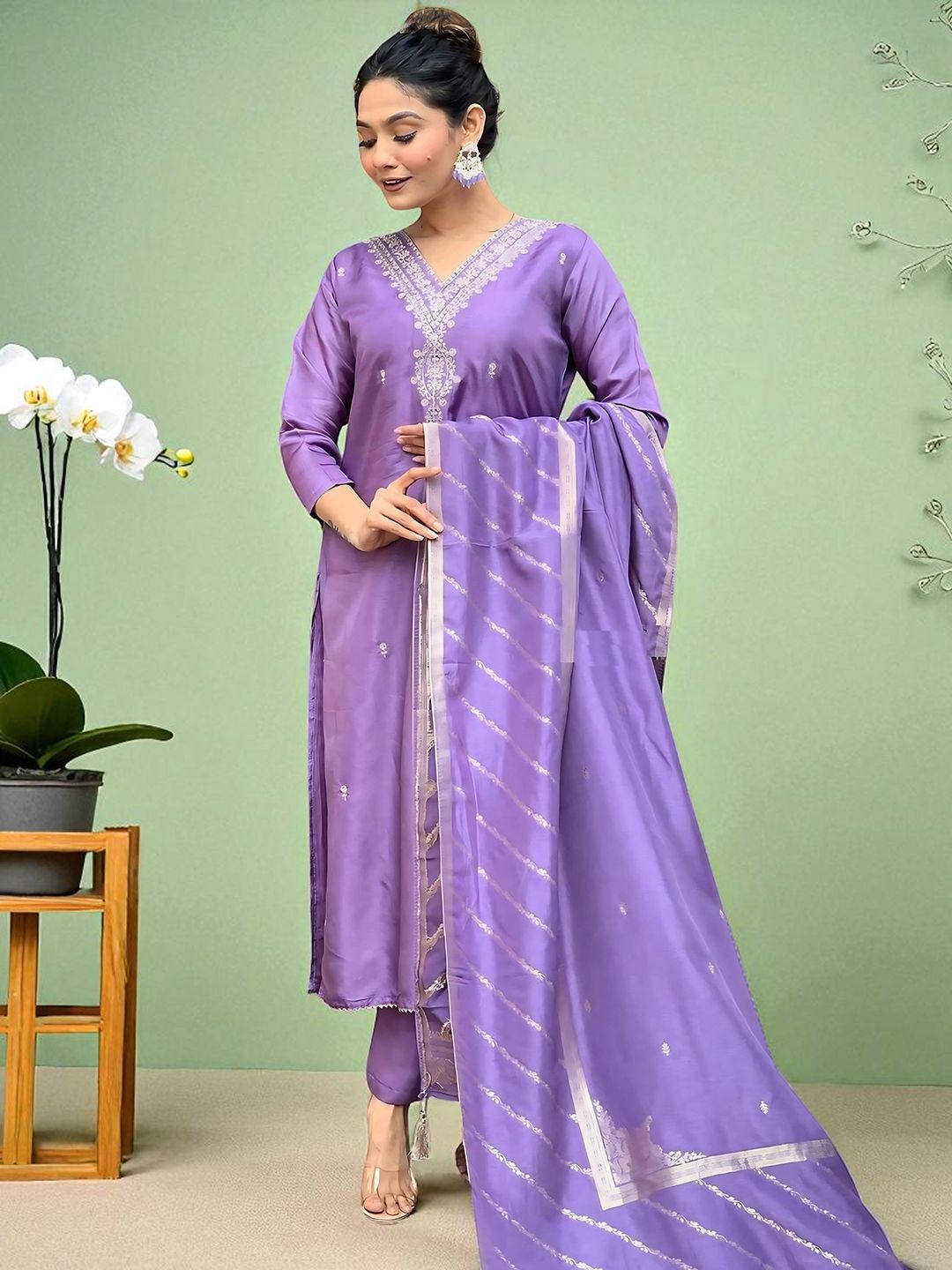Dhiyona SN Women's Floral Embroidered Cotton Kurta with Trousers & Dupatta