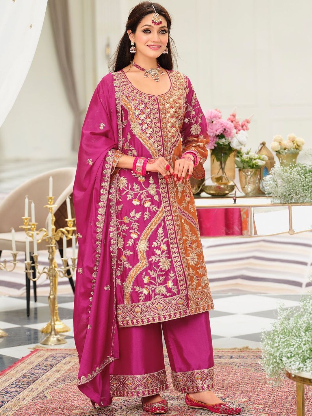 Women Ethnic Motifs Embroidered Panelled Kurta with Palazzos & Dupatta