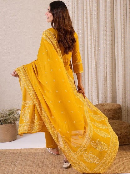 Paisley Printed Thread Work Pure Cotton Straight Kurta & Trousers With Dupatta