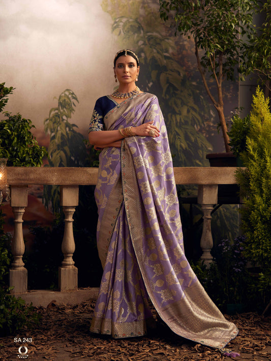Dhiyona KM Women Elegant Lavender Viscose Dola Silk Saree With Contrast Blue Blouse Piece
