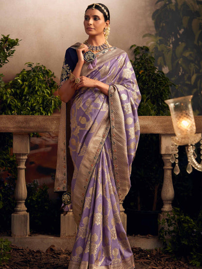Dhiyona KM Women Elegant Lavender Viscose Dola Silk Saree With Contrast Blue Blouse Piece