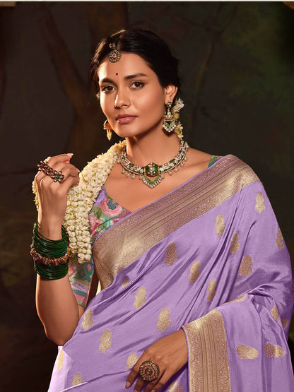 Dhiyona KM Women Royal Purple Saree With Contrasting Sea Green Blouse