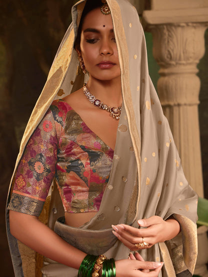 Dhiyona KM Women Elegant Beige Crape Dola Silk Saree