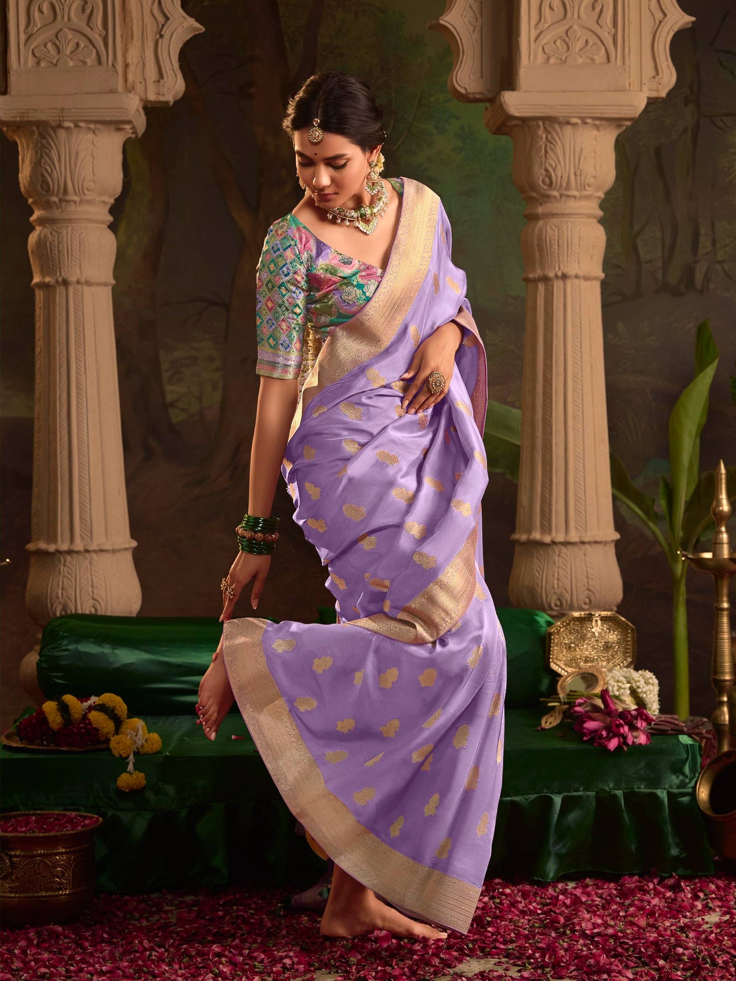 Dhiyona KM Women Royal Purple Saree With Contrasting Sea Green Blouse