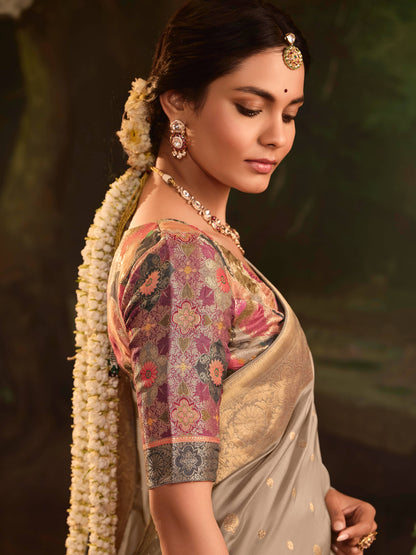 Dhiyona KM Women Elegant Beige Crape Dola Silk Saree