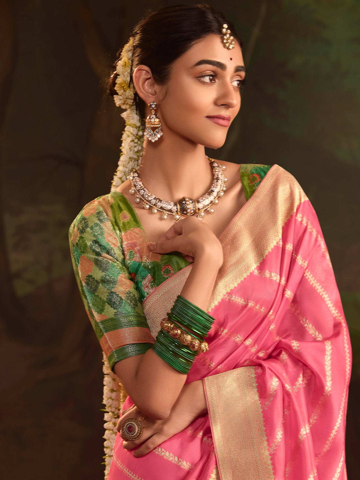 Dhiyona KM Women Pink Color Designer Silk Readymade/Easy Saree