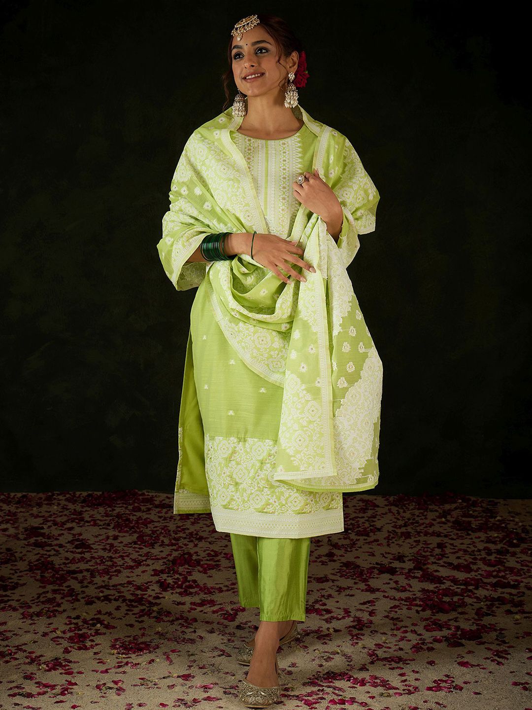 Dhiyona IE Women Ethnic Motifs Regular Kurta with Trousers & With Dupatta