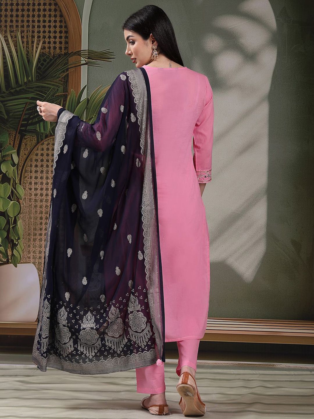 Dhiyona SN Women's Embroidered Pure Cotton Straight Kurta With Trousers & Dupatta