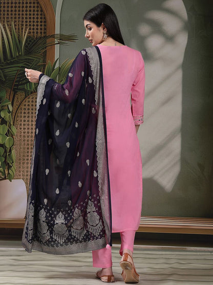 Dhiyona SN Women's Embroidered Pure Cotton Straight Kurta With Trousers & Dupatta