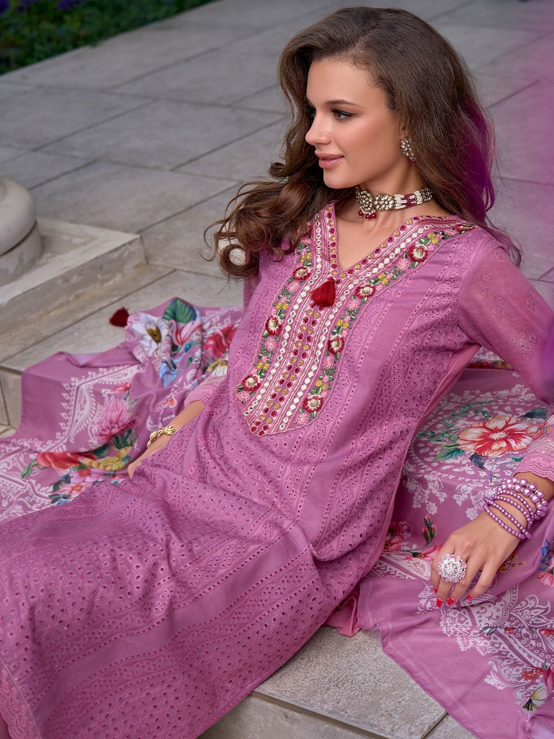 Embroidered Regular Thread Work Pure Cotton Kurta With Trousers & Dupatta