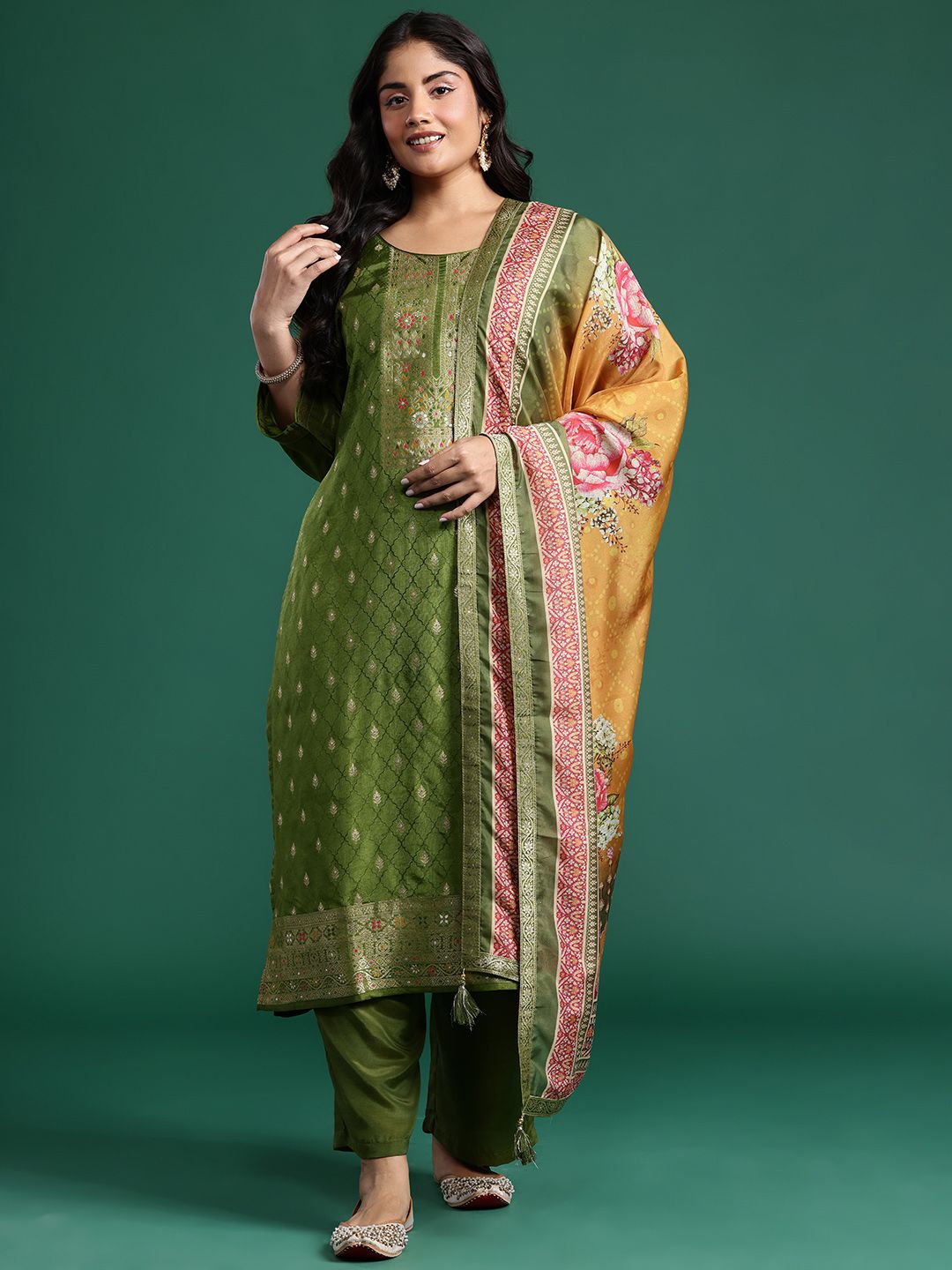 Ethnic Motifs Woven Design Kurta with Trousers & Dupatta