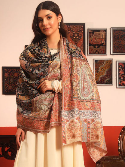 Dhiyona PA Floral And Paisley Kalamkari Printed Thread Work Woollen & Silk Shawl