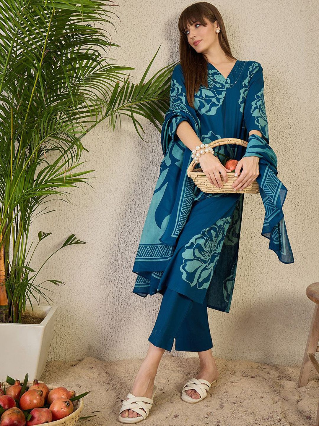 Dhiyona IE Women's Adults-Women Floral Printed Cotton A-Line Kurta with Trousers & Dupatta